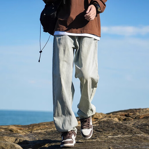 MiiOW Jeans Men's Velvet Thickened American Pants Men's Autumn 2025 New Straight Wide Leg Casual Long Pants Men's Pants Retro Blue XL 32-33 Sizes