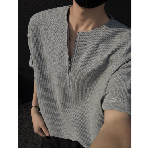 Kurz amerikanische Halbzipper Kurzärärmelte T-Shirt Herren 25 Sommer New High Street Trend Marke Waffle T-Shirt Lose halbärmeligste Top White XL (125-145jin [Jin ist gleich 0,5 kg])