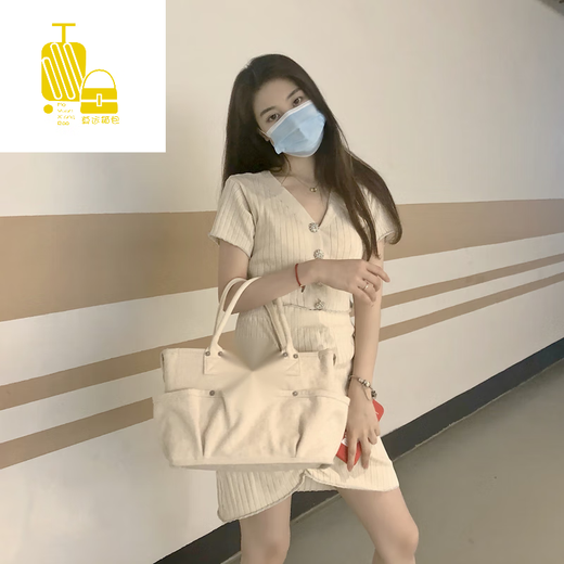 酷奇袋鼠（KUQIDAISHU）妈咪包手提母婴包外出轻便妈妈包女帆布托特包 米白色大号