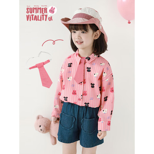 Vous les filles mignonnes Pet Park série 2025 Summer Simple Lapel Shirt Retro Denim Shorts multi-pièces T-shirt à manches courtes Pink (x4859) 100 cm