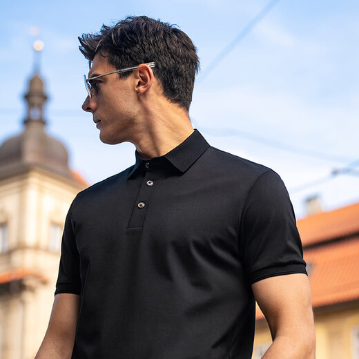 Mr. Bu patented collar three-pin button exquisite business POLO men's summer moisture-absorbing and breathable solid color short-sleeved AT12161 piano black XL (180)