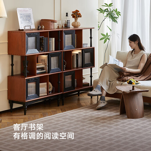 实木书柜 中古风玄关柜 矮书架展示 家具收纳组合柜 实用储物柜 中古色书柜830*340*1170