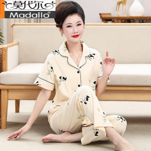 莫代尔中老年人妈妈睡衣女夏季纯棉短袖长裤中年女士开衫套装薄款家居服 YR9928 M 【建议75-95斤】