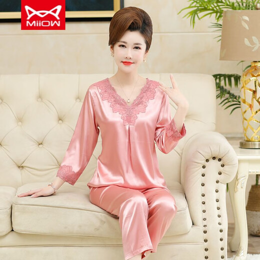 Catman Miiow Pajamas de seda de hielo para mujeres, nuevo estilo, verano, madres de mediana edad y ancianos pueden usar ropa casera afuera de 683 rosa claro [pantalones de manga de barro] M recomendado 80-100 Jin [Jin equivale a 0.5 kg]