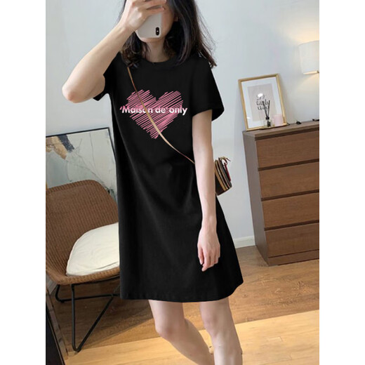 Waterside Clothes High-end Korean Version 2025 Summer New Cotton Short-Sleeve T-Shirt Women's Skirt Loose H-Type Temperament Small Dress 6173 Dark Gray [Dress] (Orange Print) S 80-100Jin [Jin equals 0.5 kg]