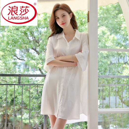 浪莎（LangSha）冰丝睡裙女春夏季情调衣薄款男友风时尚衬衫宽松款大码性感睡衣 白色 724 XL 170 140-150斤