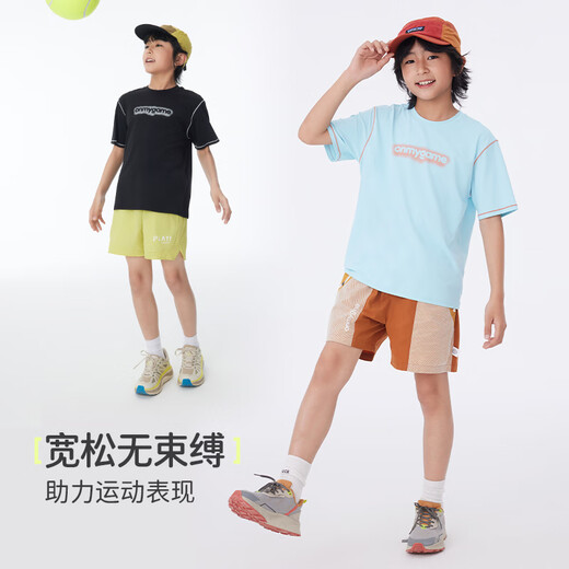 Onmygame sun protection quick-drying boys' sports short-sleeved cool summer new moisture-wicking children's T-shirt dark night black top + recycled gray pants 140