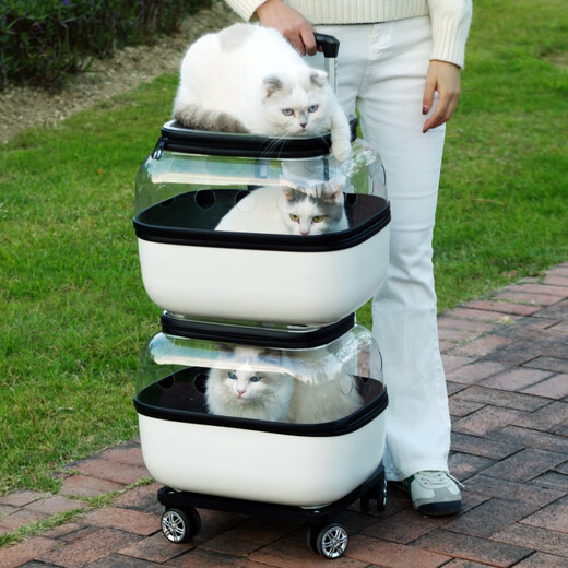 迷你龙猫包外出便携宠物拉杆箱双层巴士行李箱两只猫咪大容量透气猫背包 单层拼接白+拉杆(可拆卸) 下层15斤内/上层15斤内/狗6斤内