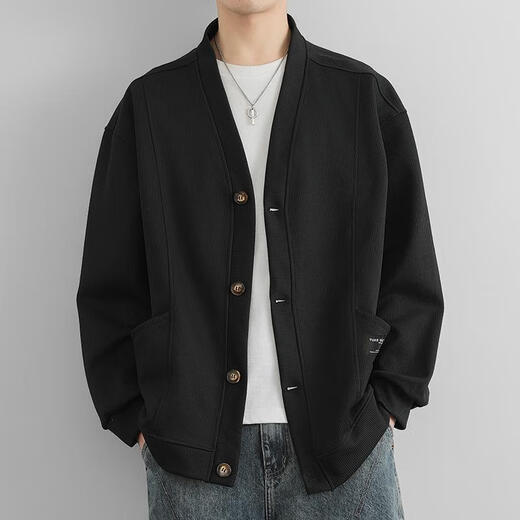 HUALIN FASHION collar sweater men's spring and autumn fashion brand casual lazy style cardigan jacket feeling Japanese jacket top BJ723 black M (about 90-110Jin [Jin equals 0.5 kg] can be worn)