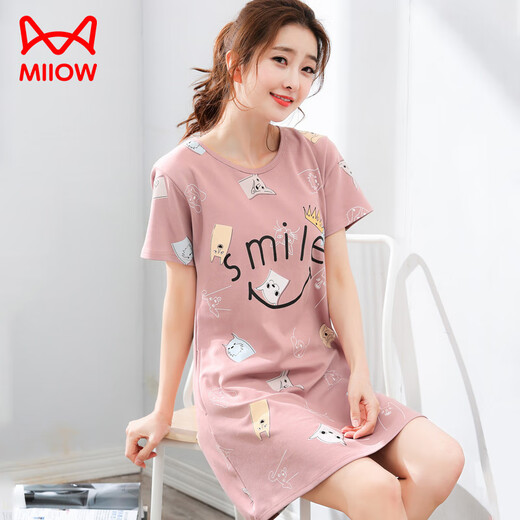 猫人（MiiOW）睡裙女夏季纯棉薄款短袖2025年新款夏款过膝连衣裙家居服睡衣女款 C1105 S 女(60-75斤)