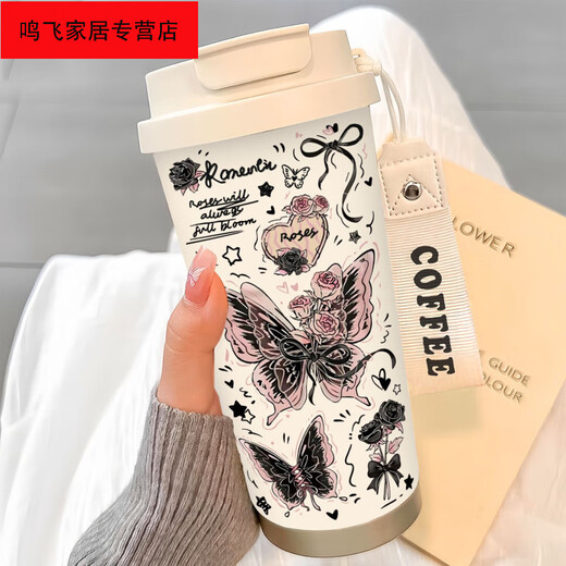 翊橙简约蝴蝶保温杯不锈钢便携双饮咖啡杯2025新款女吸管水杯子高颜值 bw1049暗粉蝴蝶a+配挂绳 0ml *316不锈钢*