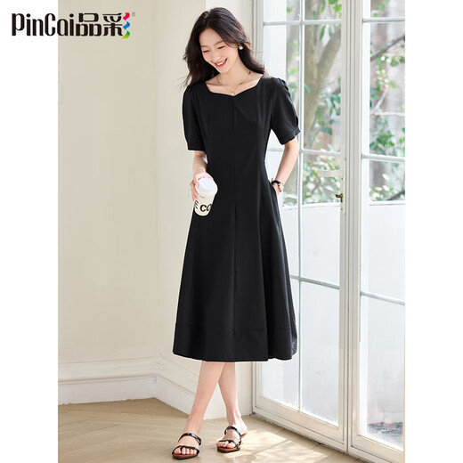 Robe Pincai pour femmes French Hepburn Style Robe noire haut de gamme A-line manche courte robe longue p52q069