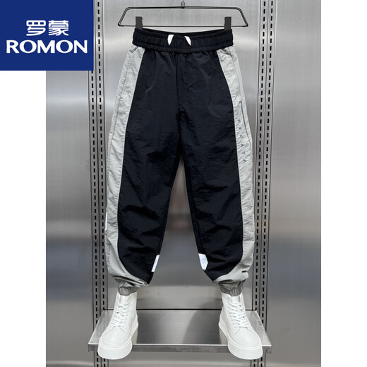 罗蒙（ROMON）运动裤男2025夏季新款速干休闲裤网红条纹拼色九分宽松束脚哈伦裤 黑色 29 (165) 重复尺码