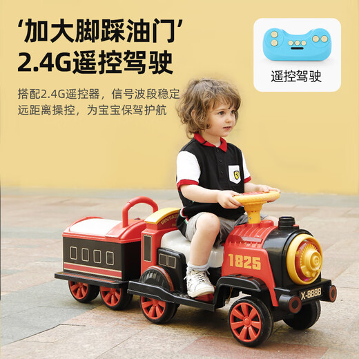 亨赞儿童电动小火车遥控车可坐人男女小孩玩具四轮汽车双座宝宝电瓶车 复古绿（遥控+喷雾+双电双驱-车