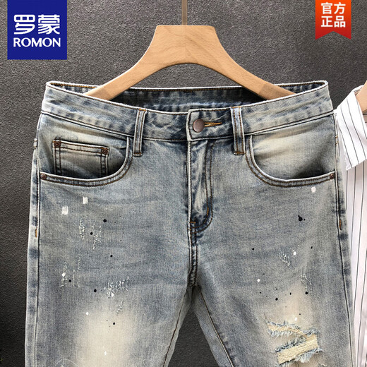 罗蒙（ROMON）设计感泼墨破洞牛仔裤男潮牌弹力修身小脚2025夏季高端男士九分裤 9758 浅蓝色 28