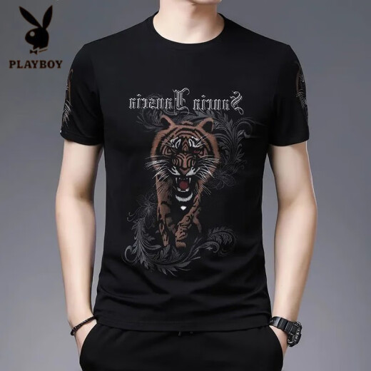 Playboy (PLAYBOY) Chinese style tiger head trendy men's short-sleeved T-shirt fashion printed large-size men's base shirt half-sleeved loose top 829 black letters L 170 [recommended 120-140Jin [Jin equals 0.5 kg]]