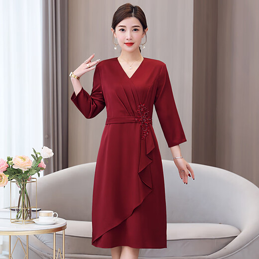 康多蜜婚礼妈妈装高档礼服平时可穿的喜婆婆婚宴装国庆结婚连衣裙小个子 红色[6197款原版质量] L [建议110斤以下]
