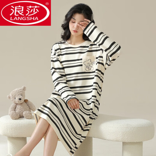 
LangSha 2025 new nightgown for women in spring and autumn long-sleeved pure cotton high-end autumn pajamas can be worn with striped home clothes on the outside W9764 long-sleeved nightgown XL 110-125Jin [Jin equals 0.5 kg]