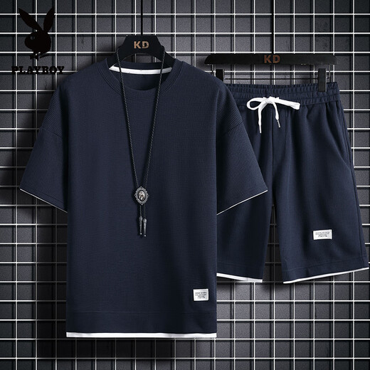 花花公子（PLAYBOY）重磅华夫格短袖T恤男夏季宽松大码运动短裤套装工作服圆领透气潮 829黑色【套装】 M 100-120斤