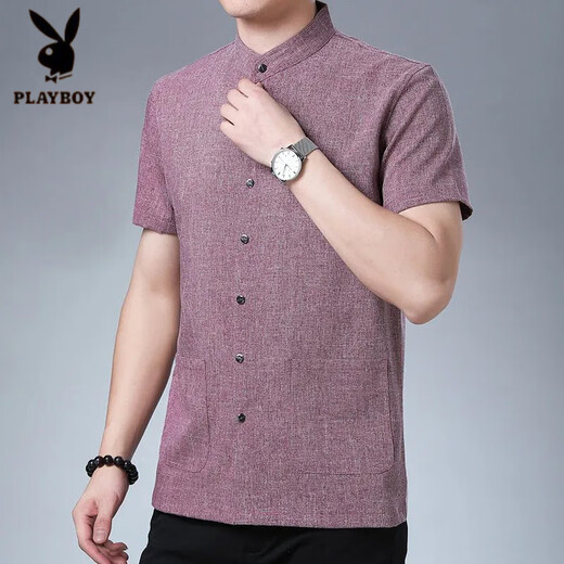 花花公子（PLAYBOY）爸爸夏装宽松薄款衬衣夏季中老年男士短袖衬衫中国风立领半袖衬衫 9201 浅灰 M 165【100-120斤】