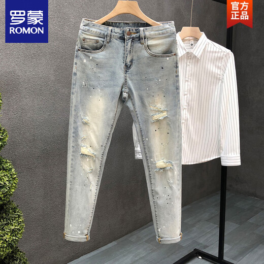 罗蒙（ROMON）设计感泼墨破洞牛仔裤男潮牌弹力修身小脚2025夏季高端男士九分裤 9758 浅蓝色 28