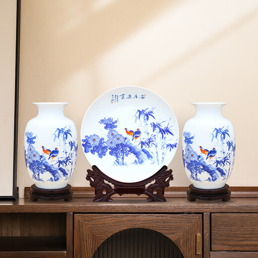 傲世景德镇瓷器摆件办公室博古架陶瓷工艺品酒柜玄关客厅电视柜装饰品 鸿运当头三件套+全套底座+证书