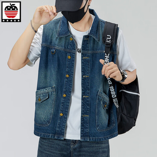 Aemape Apple Frühling und Sommer Neue Arbeit Denim Vest Männer japanische trendige Marke Lose Licht große ärmellose Weste Jacke 6231# Retro Blue XL (vorgeschlagen 145-160jin [Jin gleich 0,5 kg])