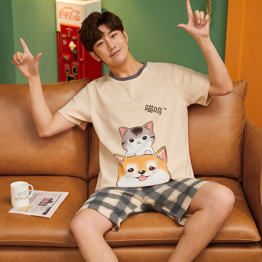瓦菲莎睡衣男夏季棉质短袖薄款加大码卡通青少年男士家居服套装夏天 短袖1098懒熊 M [小]]建议身高155CM左右，体