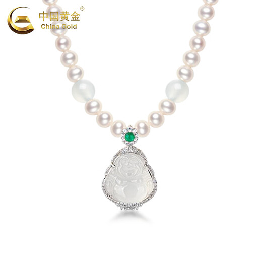 China Gold Silver Chalcedony Buddha Freshwater Pearl Necklace Women's Sweater Chain Valentine's Day Birthday Gift for Girlfriend and Wife Jingsuda* Chalcedony Buddha Pearl Necklace Brand Gift Box