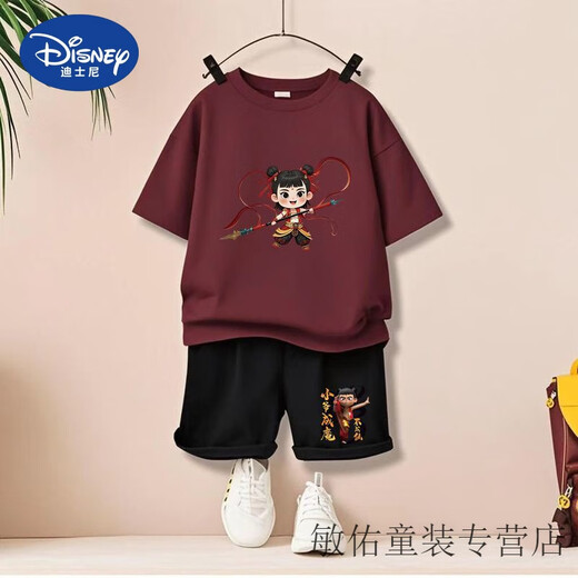 Disney Summer Children's Kurzärärmelte T-Shirt Neuer Stil für den Nationalen Trend der Kinder der Kinder Nudha Devil Child's Noodle Boys zweiteiler Set 1098# Rucksack T-Gray + 2005# Gray Shorts 90