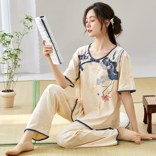 浅伊琳女士短袖睡衣套装夏季薄款长裤夏天新中式国风仿棉家居服可外穿 l9905 M  (建议75-95斤)