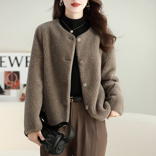 Ehangy Light Luxury Brand Short Coat Women's 2025 Winter New Style Elegant Lamb Wool Jacket Brown XS 80-99Jin Jin is equal to about 0.5 kg