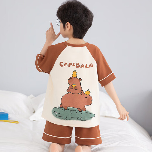 Nuevo niño de estilo verano pijamas algodón puro de manga pura nezha niños pijamas niños de tamaño mediano, grande, de niños pequeños, juego de ropa casera T-695# Milk Dragon, tamaño promedio 16 (altura sugerida 133-143)