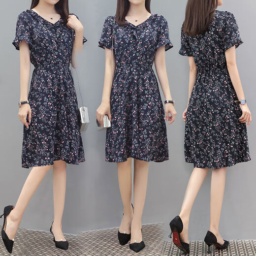 FHHUABD23 Sommer neues Chiffon Blumenkleid mit Temperament Taille und fettem Kleid 1105# L 105-115Jin [Jin ist 0,5 kg]