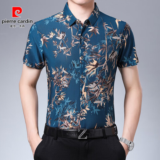 Pierre cardin summer youth men's short-sleeved shirt middle-aged large-sleeved print T-shirt men's pure cotton half-sleeved floral floral shirt thin style 673 red L 175 suggestions 145-165Jin [Jin equals 0.5 kg]