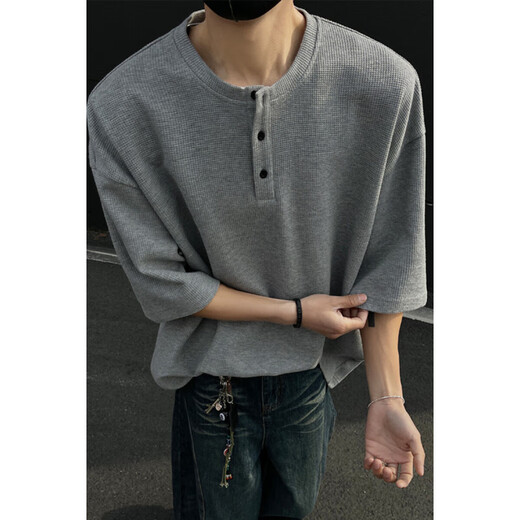 至唯华夫格亨利领短袖t恤男生春夏季潮流牌宽松百搭半袖T体恤衫衣服男 黑色 L 【推荐110-130斤】