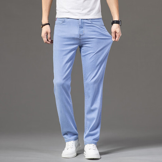 
COLORFUL GEMS thin ice silk jeans men's light blue loose straight stretch trousers FXX 9767 light blue 29
