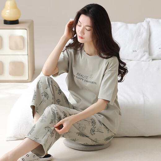 
Modal Cotton Women's Pajamas Set Summer Cotton Short Sleeve Cartoon Trousers Korean Style Home Clothing Can Be Outdoor for Summer Y9719 M (Suggested 75-95Jin [Jin equals 0.5 kg])