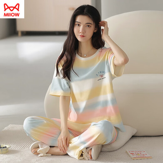 猫人（MiiOW）纯棉睡衣女短袖长裤夏季韩版女士圆领套装薄款全棉外穿家居服 RN9712#短袖长裤纯棉 M (80-100斤)