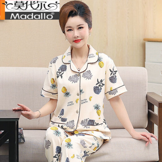 莫代尔中老年人妈妈睡衣女夏季纯棉短袖长裤中年女士开衫套装薄款家居服 YR9928 M 【建议75-95斤】