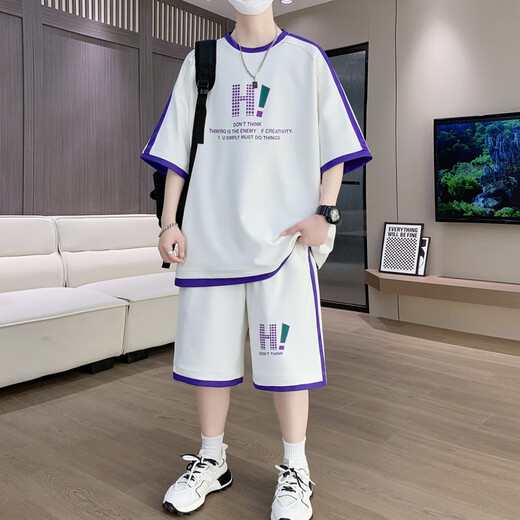蕴印青少年夏季新款运动套装12-15岁男孩学生短袖t恤大童冰丝短裤衣服 9926米色套装 3XL 约155-170斤可穿