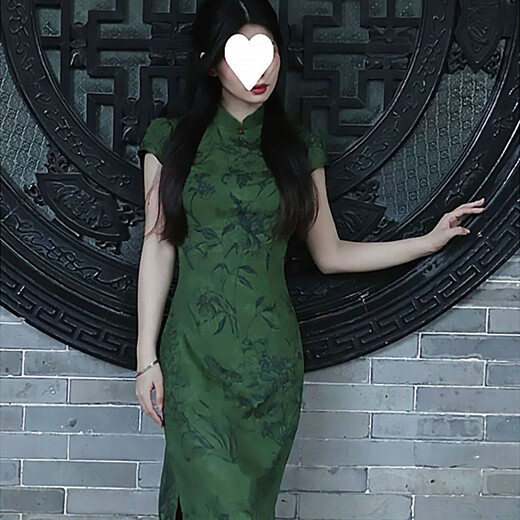Yudingfu cheongsam Chinese style summer new Chinese style women's dress waist mid-length engagement toast dress mom green bottom printed half-sleeved cheongsam M 100-110Jin Jin is equal to 0.5 kg