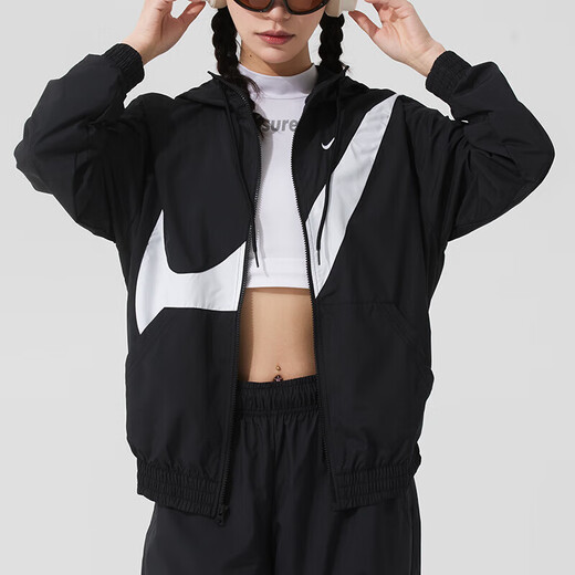 耐克（NIKE）女子大勾撞色运动套装 2025夏季跑步健身训练服潮流时尚休闲衣裤 聚酯纤维 黑白连帽夹克外套 上装 M