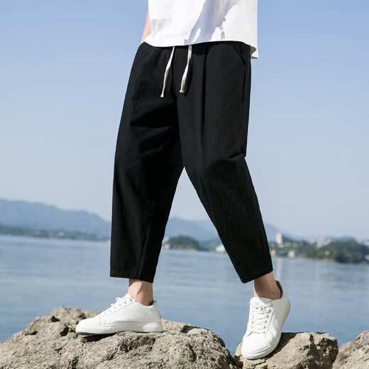 ACLOSMIL new Chinese cotton and linen pants for men in summer thin loose wide-leg pants cotton and linen harun casual pants simple nine-point pants for men dark gray 3XL