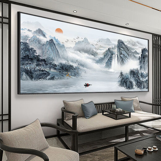 新中式客厅沙发背景墙壁画3D立体装饰画办公室山水国画风景挂画 CT-3887-背有靠山 160*70cm免钉油画布+黑色铝框