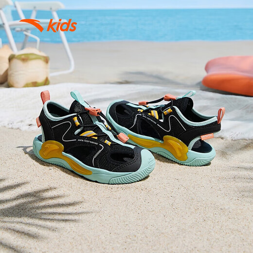 ANTA children's sandals boys autumn breathable outdoor non-slip wear-resistant toe-toe beach shoes D black/ice water green/gum yellow 28