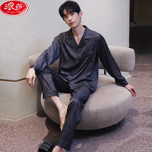 浪莎（LangSha）男士真丝睡衣春秋款长袖薄款大码休闲简约夏天家居服套装新款 6627流星 L
