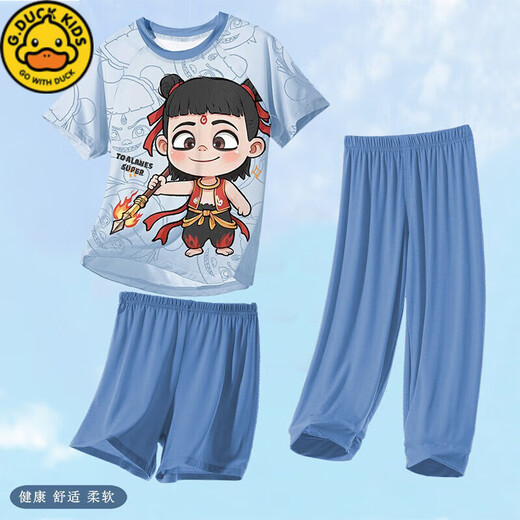 G.DUCKKIDS小黄鸭2025夏季新款卡通哪咤敖丙睡衣男童短袖短裤儿童男孩家居服 12347#三件套 170 M码【身高150-160CM体重100