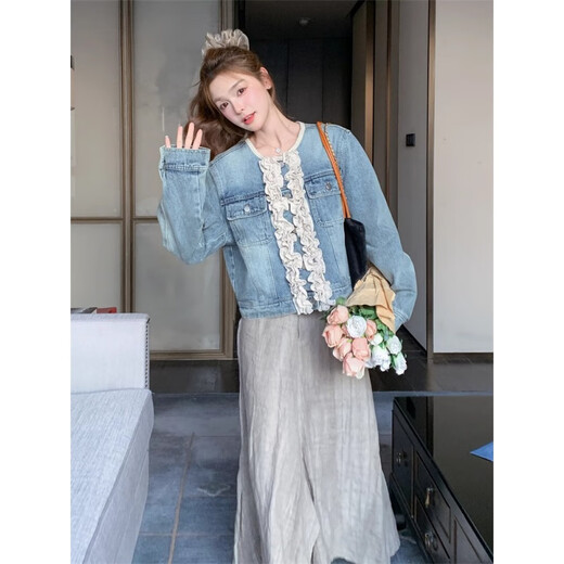 Touch Miss Black Pilgus Lace Lace Denim Jacke für Frauen Frühling und Herbst 2025 New altersreduzierende süße Top TM9896gy Denim Blue M.