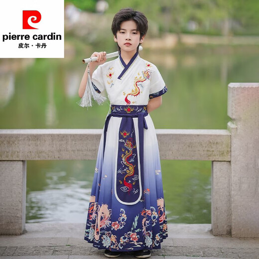 Pierre cardin Hanfu boys summer 2025 new ancient costume boys short-sleeved Chinese style thin children's ancient style Chinese language performance costume MS-9858 [Blue Dragon] Pay attention to priority delivery 120 [weight 32-40 Jin [Jin equals 0.5 kg]]